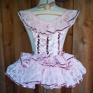 Vintage Art Stone Pink Ruffle/Sequin/Lace Dance Costume Made In USA Kids 5Y